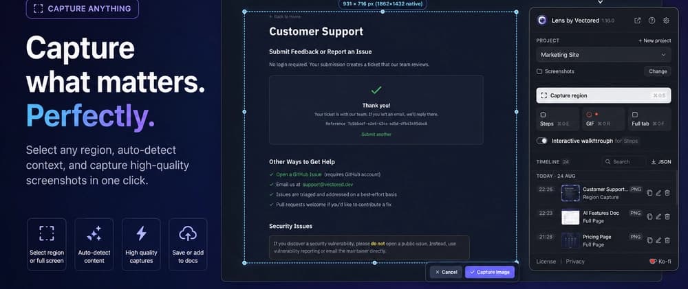 Lens: screenshots and click-by-click guides, with no account and no server