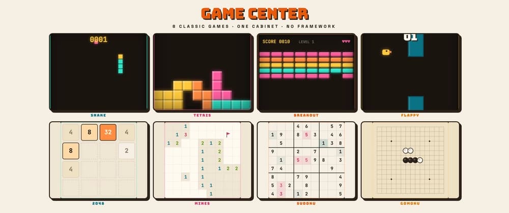 A browser arcade in plain TypeScript: 8 classic games, 35 kB, no framework